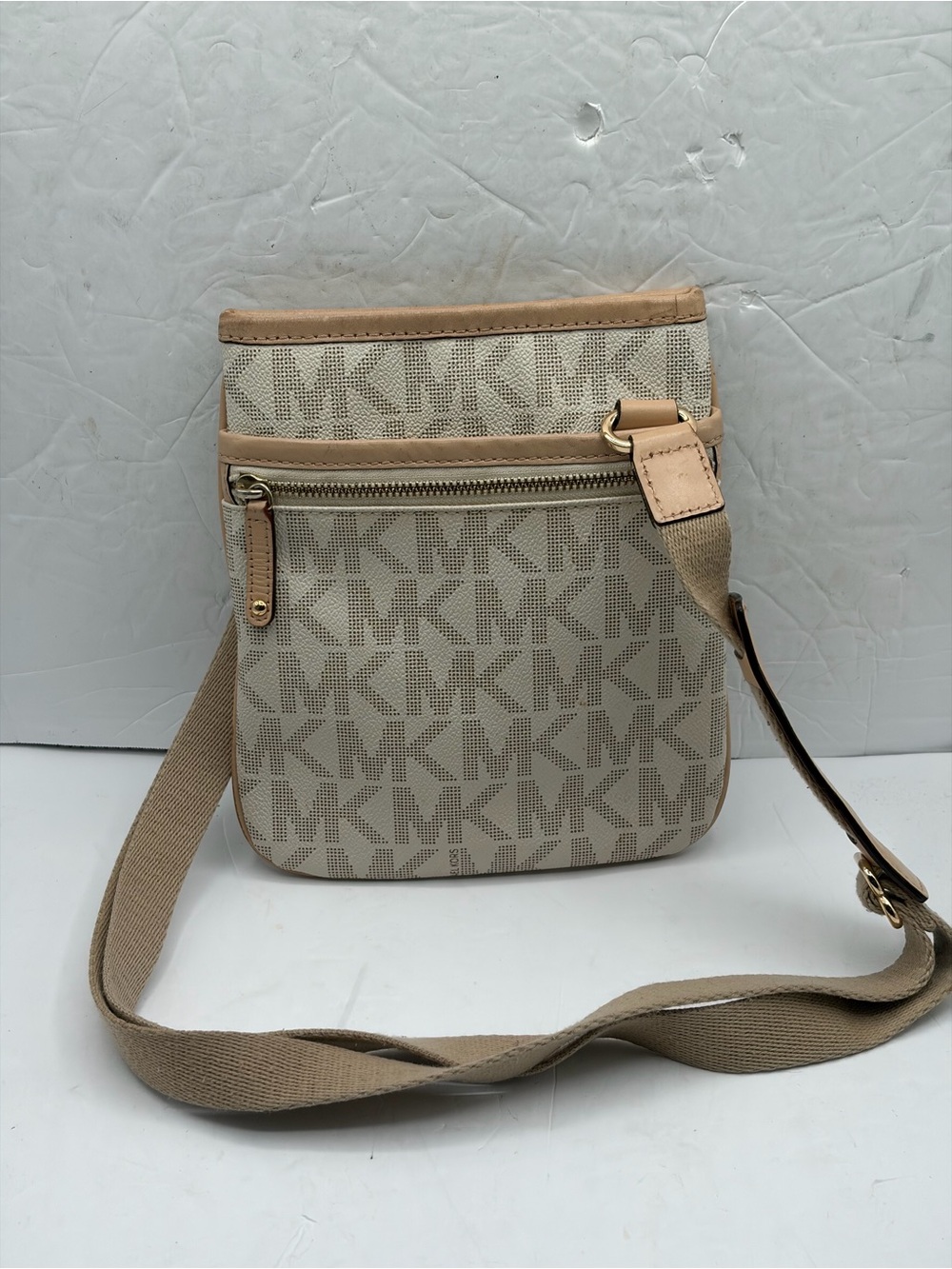 Michael Kors MK Signature Logo Canvas Crossbody Bag Vanilla Tan Leather Trim